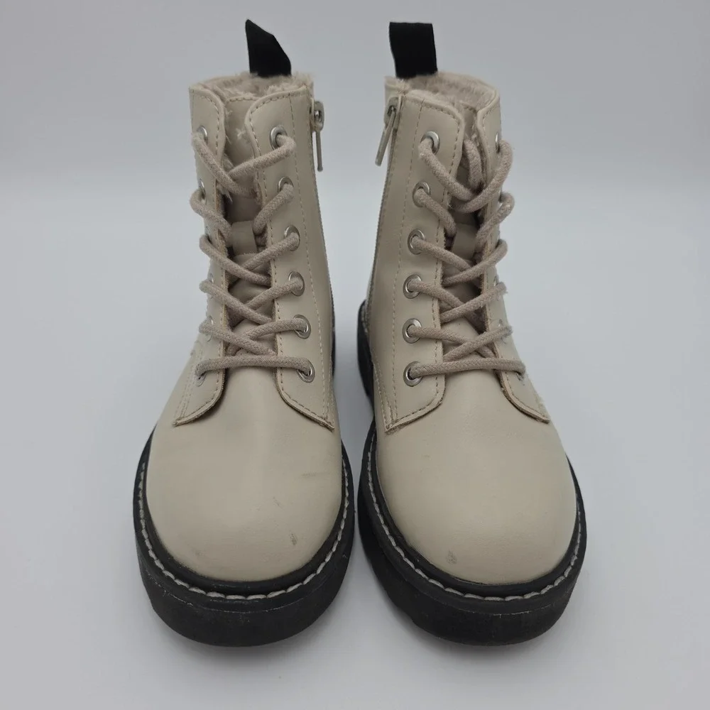 H&M Girls Warm Fur Lined Boots - Size 1, Cream Color, Chunky, Lace-up